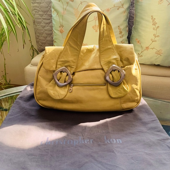 ✨Christopher Kon✨ Yellow Leather Handbag W/Chrome Buckle Hardware & Dusk Bag - Picture 1 of 16